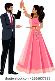 Indian Romantic Couple Wedding Smartly Dressed Bride and Groom in Wedding Suits Vector