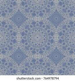 Indian round ornament. Beautiful background of blue colored mandalas.  Seamless pattern of circular ornate elements. Boho style oriental wallpaper. Fashion textile design. Vector illustration.