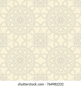 Indian round ornament. Beautiful background of blue colored mandalas.  Seamless pattern of circular ornate elements. Ethnic oriental wallpaper. Fashion textile design. Vector illustration.