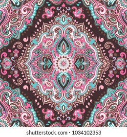 Indian rug paisley ornament pattern. Ethnic Mandala towel, yoga mat. Vector Henna tattoo style. Can be used for textile, greeting business card background, coloring book, phone case print