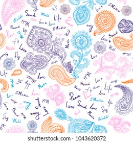 Indian rug paisley ornament pattern. Ethnic Mandala towel, yoga mat. Vector Henna tattoo style. Can be used for textile, greeting business card background, coloring book, phone case print