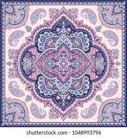 Indian rug paisley ornament pattern. Ethnic Mandala towel, yoga mat. Vector Henna tattoo style. Can be used for textile, greeting business card background, coloring book, phone case print