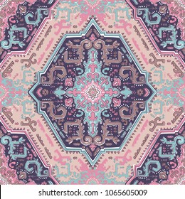 Indian rug paisley ornament pattern. Ethnic Mandala towel, yoga mat. Vector Henna tattoo style. Can be used for textile, greeting business card background, coloring book, phone case print