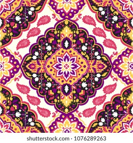 Indian rug paisley ornament pattern. Ethnic Mandala towel, yoga mat. Vector Henna tattoo style. Can be used for textile, greeting business card background, phone case print