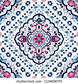 Indian rug paisley ornament pattern. Ethnic Mandala towel, yoga mat. Vector Henna tattoo style. Can be used for textile, greeting business card background, phone case print