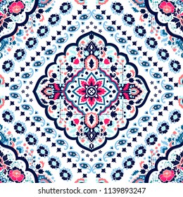 Indian rug paisley ornament pattern. Ethnic Mandala towel, yoga mat. Vector Henna tattoo style. Can be used for textile, greeting business card background, phone case print