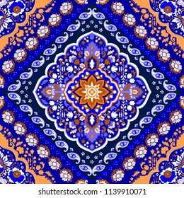 Indian rug paisley ornament pattern. Ethnic Mandala towel, yoga mat. Vector Henna tattoo style. Can be used for textile, greeting business card background, phone case print
