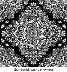 Indian rug paisley ornament pattern. Ethnic Mandala towel, yoga mat. Vector Henna tattoo style. Can be used for textile, greeting business card background, phone case print