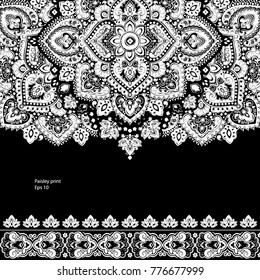 Indian rug paisley ornament pattern. Ethnic Mandala towel, yoga mat. Vector Henna tattoo style. Can be used for textile, greeting business card background, coloring book, phone case print