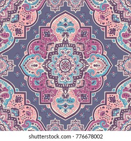 Indian rug paisley ornament pattern. Ethnic Mandala towel, yoga mat. Vector Henna tattoo style. Can be used for textile, greeting business card background, coloring book, phone case print