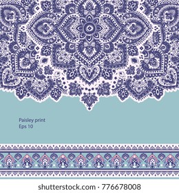 Indian rug paisley ornament pattern. Ethnic Mandala towel, yoga mat. Vector Henna tattoo style. Can be used for textile, greeting business card background, coloring book, phone case print