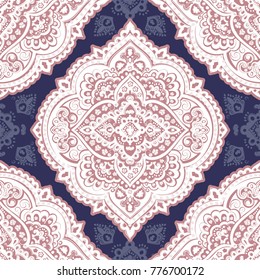 Indian rug paisley ornament pattern. Ethnic Mandala towel, yoga mat. Vector Henna tattoo style. Can be used for textile, greeting business card background, coloring book, phone case print