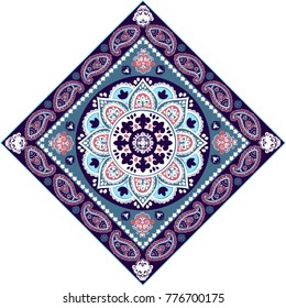 Indian rug paisley ornament pattern. Ethnic Mandala towel, yoga mat. Vector Henna tattoo style. Can be used for textile, greeting business card background, coloring book, phone case print