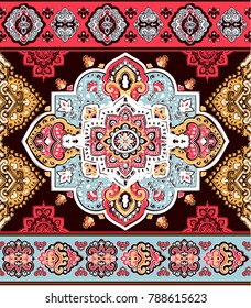 Indian rug paisley ornament pattern. Ethnic Mandala towel, yoga mat. Vector Henna tattoo style. Can be used for textile, greeting business card background, coloring book, phone case print