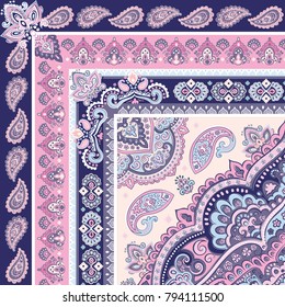 Indian rug paisley ornament pattern. Ethnic Mandala towel, yoga mat. Vector Henna tattoo style. Can be used for textile, greeting business card background, coloring book, phone case print