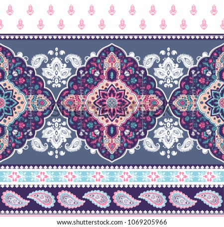Indian rug paisley ornament pattern. Ethnic Mandala towel, yoga mat. Vector Henna tattoo style. Can be used for textile, greeting business card background, coloring book, phone case print
