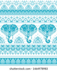 Indian rug tribal ornament pattern with elephants. Aztec towel, yoga mat. Vector lace Henna tattoo style. Can be used for textile, greeting business card background, phone case print