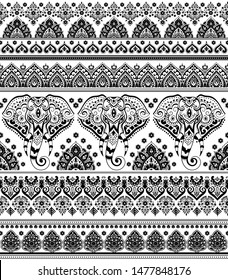 Indian rug tribal ornament pattern with elephants. Aztec towel, yoga mat. Vector lace Henna tattoo style. Can be used for textile, greeting business card background, phone case print