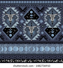 Indian rug tribal ornament pattern with skulls. Aztec towel, yoga mat. Vector lace Henna tattoo style. Can be used for textile, greeting business card background, phone case print