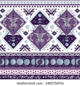 Indian rug tribal ornament pattern with skulls. Aztec towel, yoga mat. Vector lace Henna tattoo style. Can be used for textile, greeting business card background, phone case print
