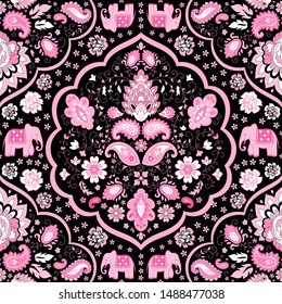 Indian rug tribal ornament pattern with elephants. Aztec towel, yoga mat. Vector Henna tattoo style. Can be used for textile, greeting business card background, phone case print