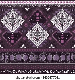 Indian rug tribal ornament pattern with skulls. Aztec towel, yoga mat. Vector lace Henna tattoo style. Can be used for textile, greeting business card background, phone case print