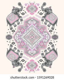 Indian rug tribal ornament pattern with elephants. Aztec towel, yoga mat. Vector lace Henna tattoo style. Can be used for textile, greeting business card background, phone case print