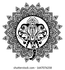 Indian rug tribal ornament pattern with elephants. Aztec towel, yoga mat. Vector lace Henna tattoo style. Can be used for textile, greeting business card background, phone case print