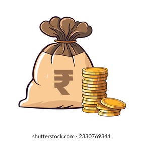 Indian rupee bag and coin stack.