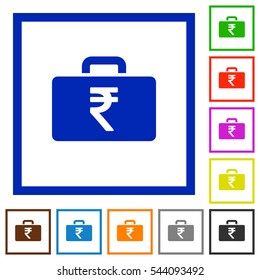 Indian Rupee bag flat color icons in square frames on white background