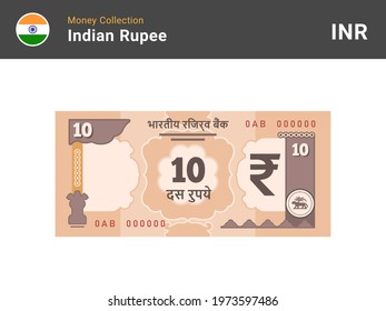 Indian rupee banknote. 10 bill paper money. Ten INR cash. The official currency of India. Flat style. Simple minimal design. Vector illustration.