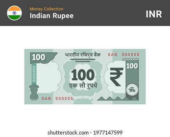 Indian rupee banknote. 100 bill paper money. One hundred INR cash. The official currency of India. Flat style. Simple minimal design. Vector illustration.