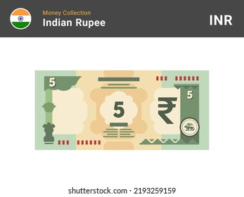Indian rupee banknote illustration. 5 bill paper money. Five INR cash. The official currency of India. Flat style. Simple minimal design. Vector.