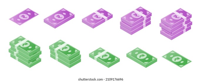 Indian Rupee Banknote Isometric Icon Set