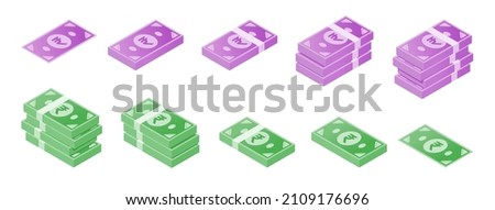 Indian Rupee Banknote Isometric Icon Set