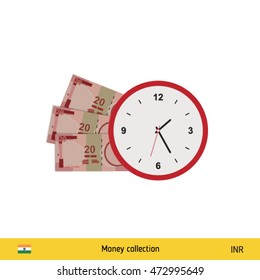 Indian Rupee banknote. Time is money concept vector illustration.