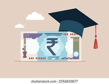 Indian rupee banknote wearing academic graduation mortarboard hat. Payment for education. Tuition fees, scholarship. MBA. Vector illustration