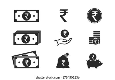 indian rupee banknotes, coins, cash and money icons. financial and banking infographic elements and symbols for web design