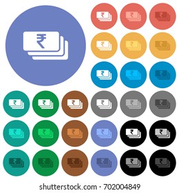 Indian Rupee banknotes multi colored flat icons on round backgrounds. Included white, light and dark icon variations for hover and active status effects, and bonus shades on black backgounds.