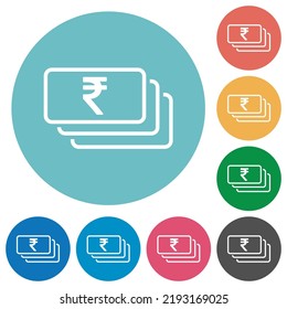 Billetes de la rupia india rebosan iconos blancos planos sobre fondo de color redondo