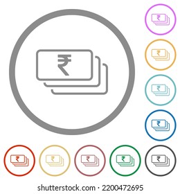Indian Rupee banknotes outline flat color icons in round outlines on white background