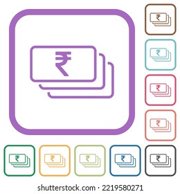 Indian Rupee banknotes outline simple icons in color rounded square frames on white background