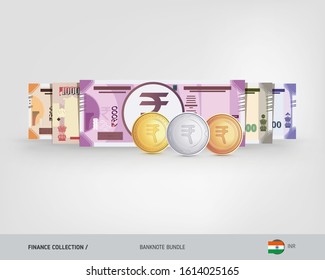 Indian Rupee banknotes set and gold, silver, bronze coins. Isolated on background. Cash of different nominal value. Vector illustration on the topic of finance.