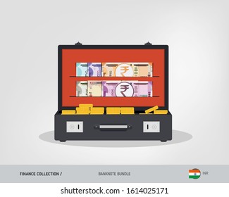 Indian Rupee banknotes set. Suitcase staffed by Indian Rupee banknotes and coins. Leather suitcase with cash. lat vector illustration on the topic of finance.