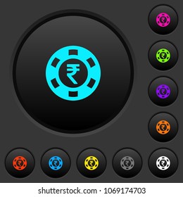 Indian Rupee casino chip dark push buttons with vivid color icons on dark grey background