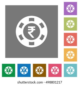 Indian Rupee casino chip flat icon set on color square background.