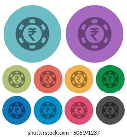 Indian Rupee casino chip flat icons on color round background.