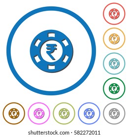 Indian Rupee casino chip flat color vector icons with shadows in round outlines on white background