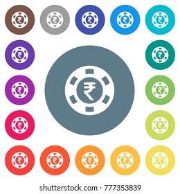 Indian Rupee casino chip flat white icons on round color backgrounds. 17 background color variations are included.