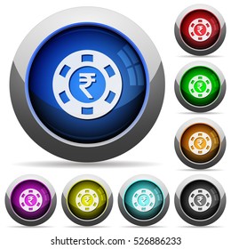 Indian Rupee casino chip icons in round glossy buttons with steel frames